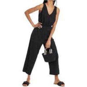 Black Cotton Wide Leg Jumpsuit Sleeveless V Neck Gaucho Romper Pockets Casual S